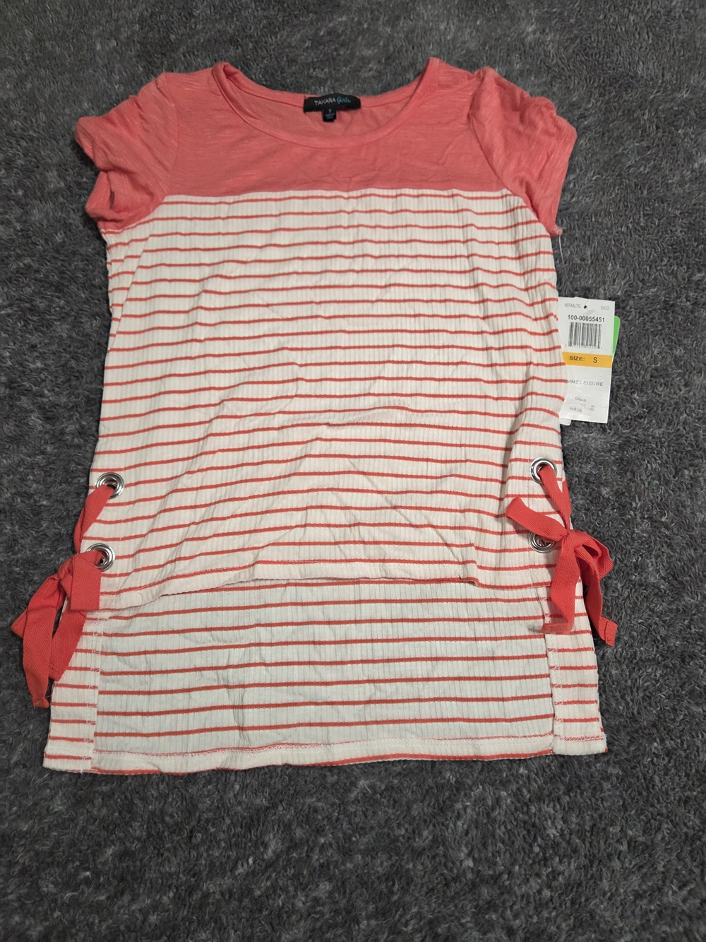 Takara Coral and White Striped Girls Tee with Side Tie Detail